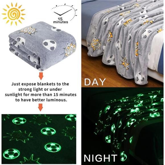 Glow in The Dark Blanket Soccer for Kids Boys Girls Fun Soft Plush Flannel Furry - Picture 3 of 7